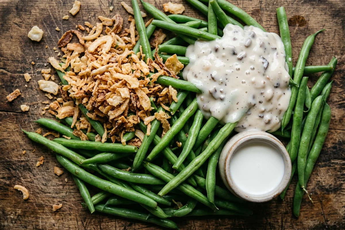 Fresh green beans and crispy fried onions arranged on a wooden board.