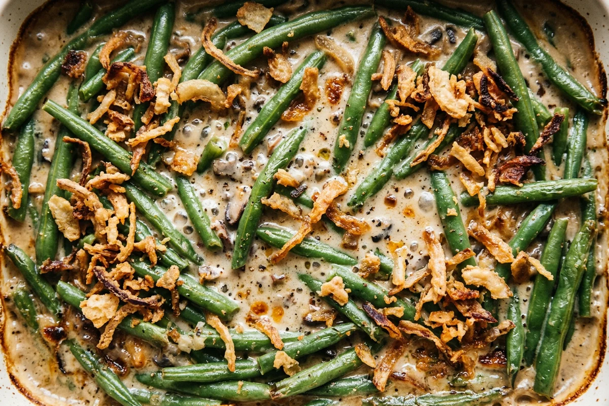 Mixing green beans and creamy mushroom sauce in a large glass bowl.