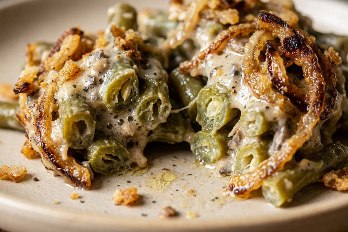 A spoonful of creamy green bean casserole being lifted from a baking dish.