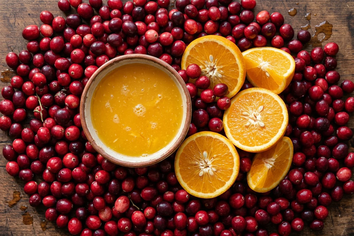 Ingredients for cranberry sauce including raw cranberries, an orange, and sugar.
