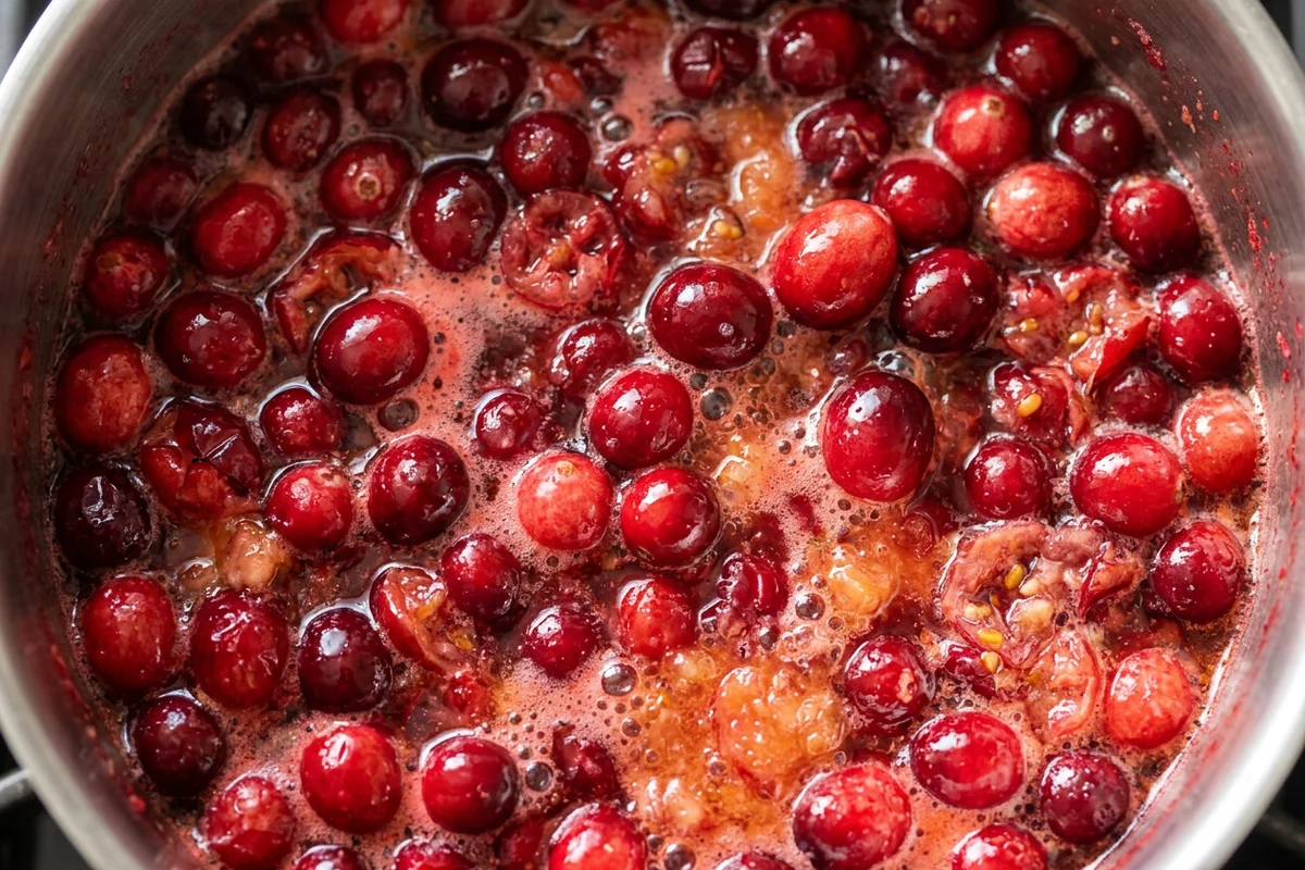 Fresh cranberries bubbling in a saucepan with orange juice and sugar.