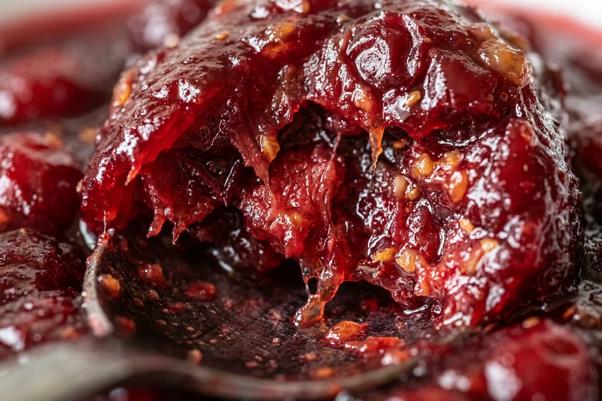 A bowl of bright red cranberry sauce with orange zest on top.