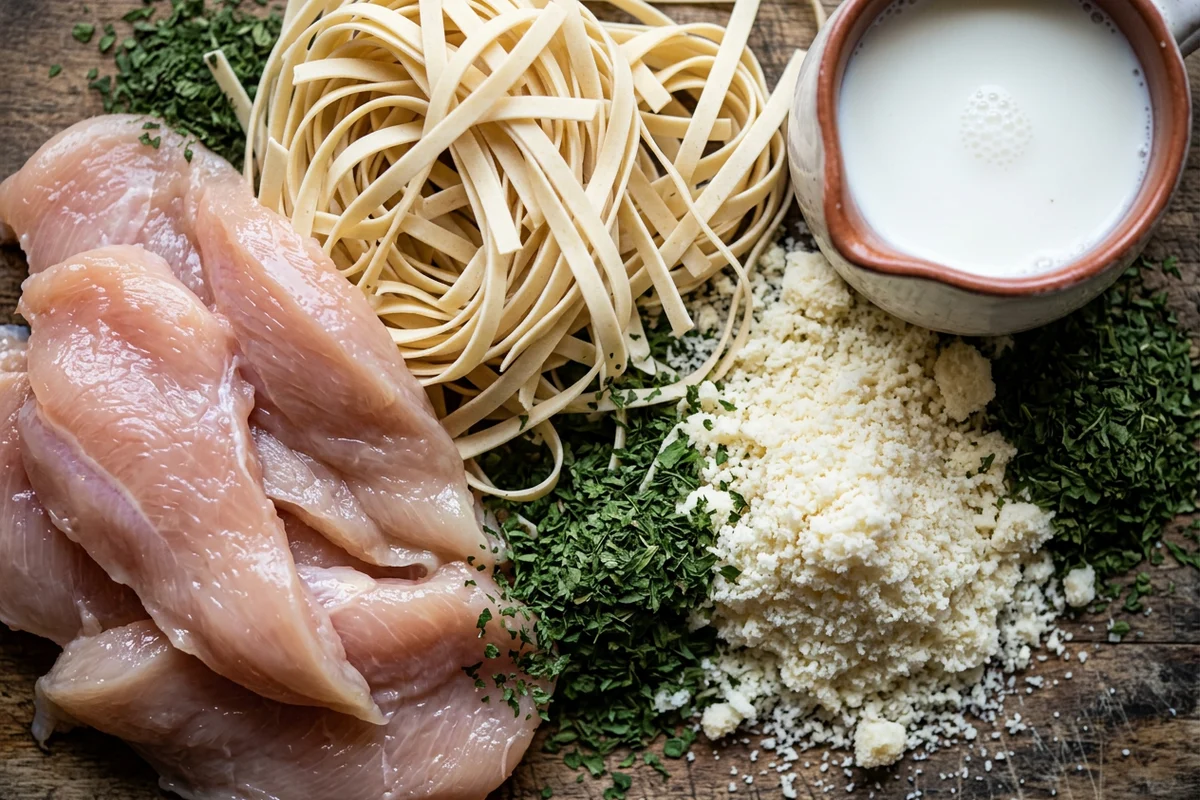 Raw chicken breasts, fettuccine, milk, butter, parmesan cheese, and spices on a counter.