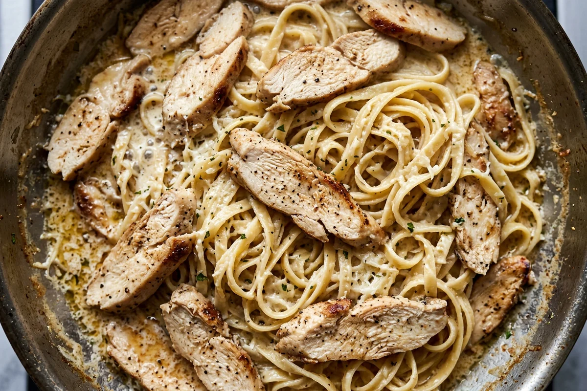 Thinly sliced chicken cooking in a hot skillet with butter and black pepper.