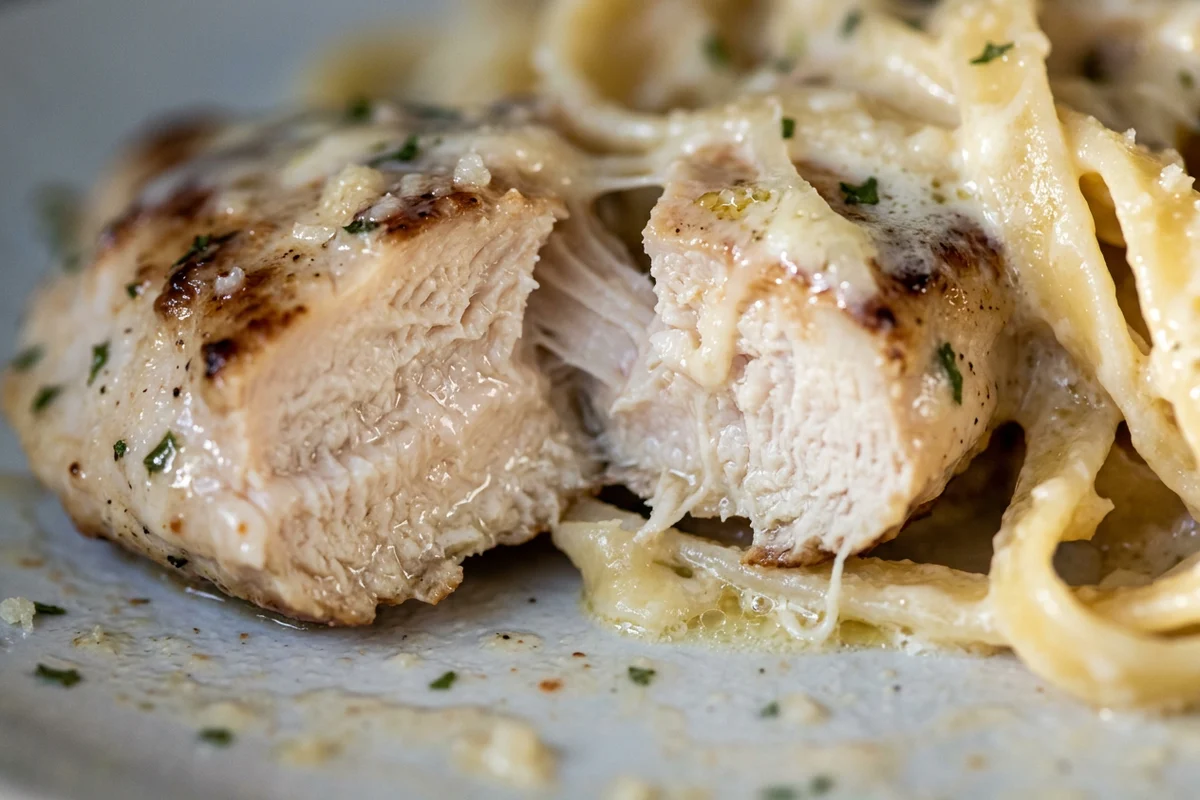A serving of chicken alfredo with fettuccine noodles on a dark plate.