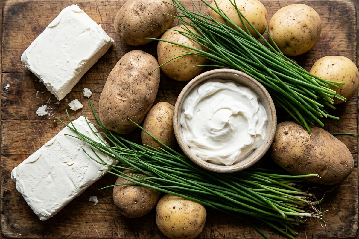 Raw potatoes, butter, cream cheese, and sour cream on a counter.