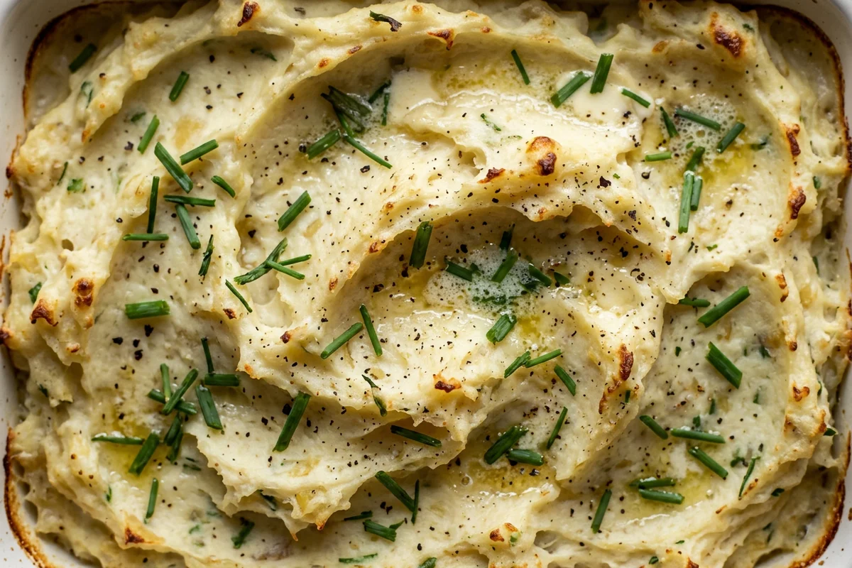 Mashing cooked potatoes in a large pot with a hand masher.