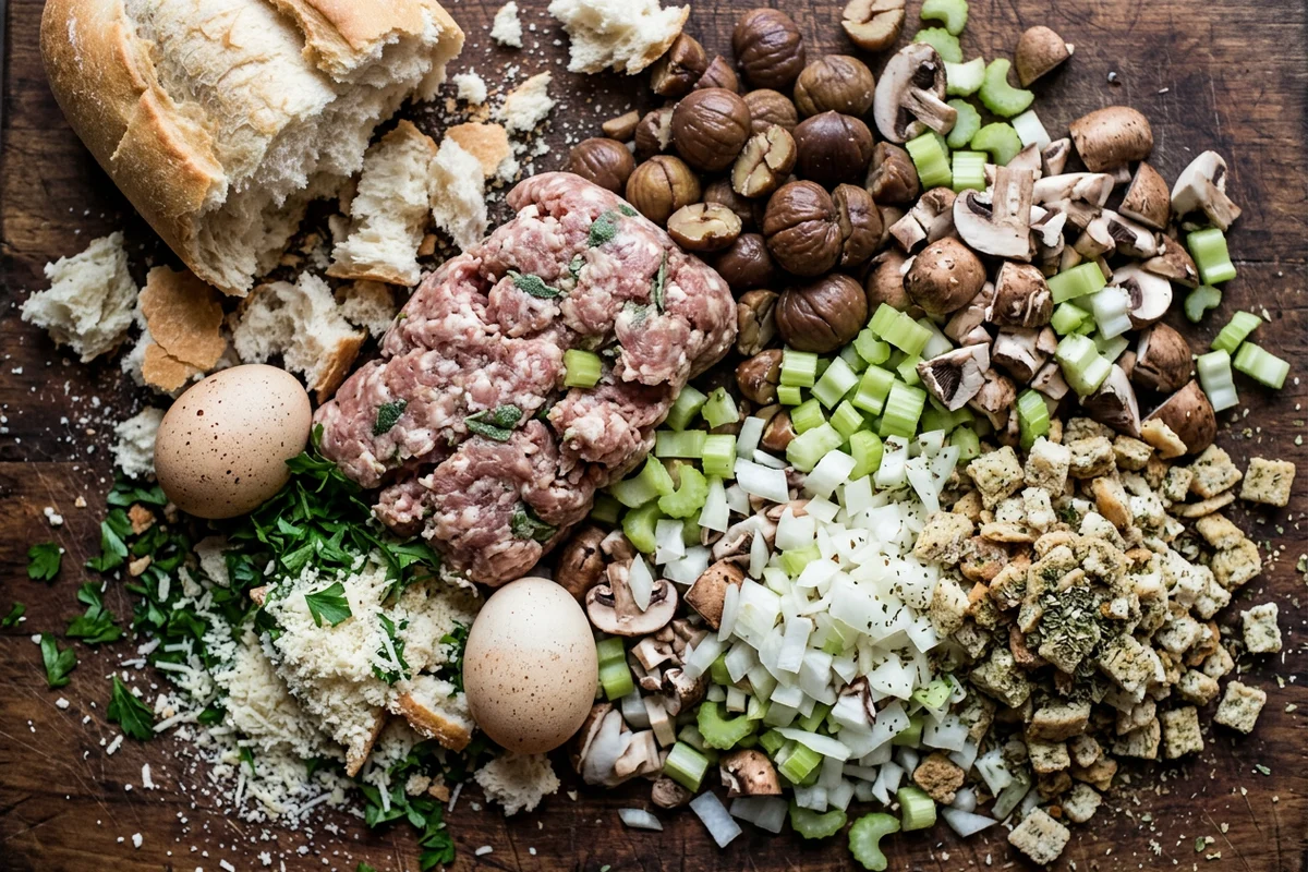 Ingredients for slow cooker stuffing arranged on a kitchen counter.