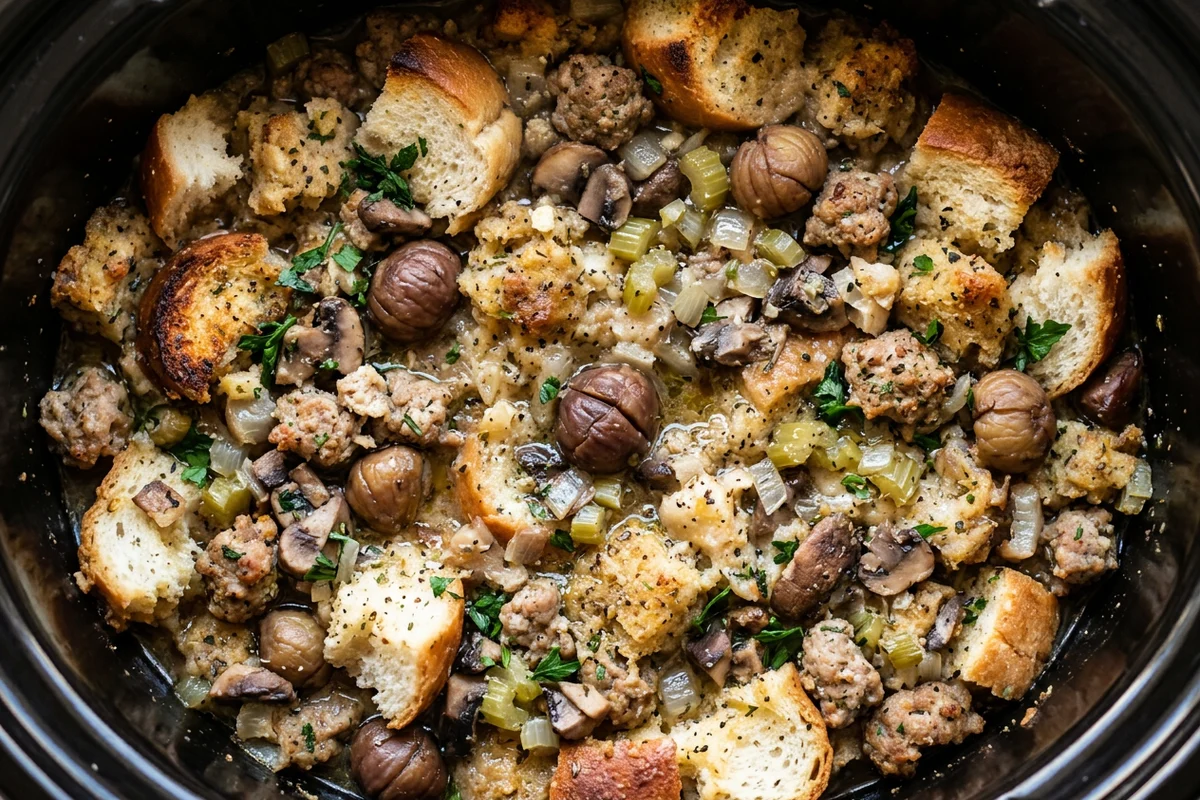 Wooden spoon stirring bread cubes and broth in a slow cooker.
