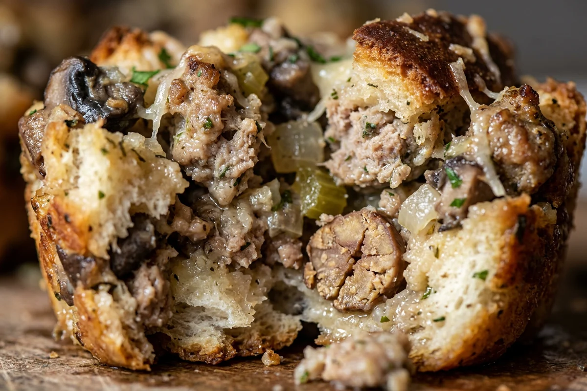 Scoop of chestnut and mushroom stuffing in a serving bowl.