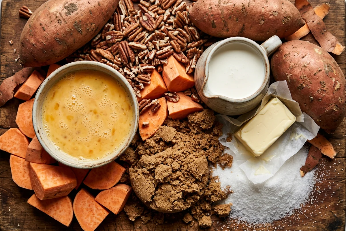 Ingredients for sweet potato casserole laid out on a kitchen counter.