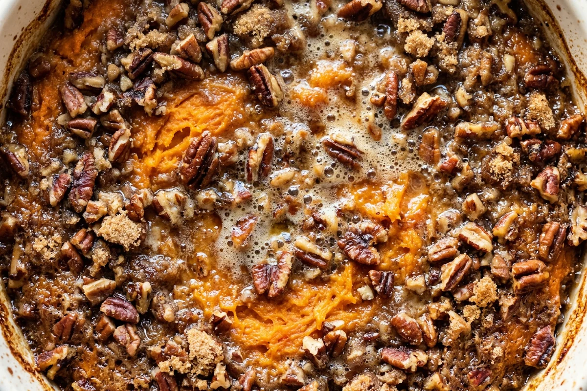 Drizzling melted butter over the pecan topping in a square dish.