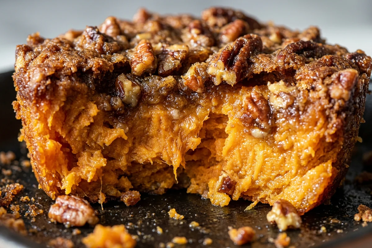 A spoonful of sweet potato casserole showing the creamy orange filling.