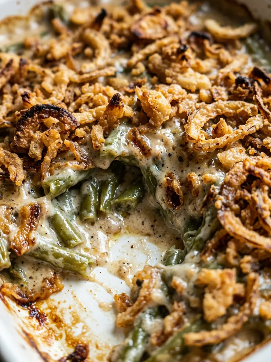 A spoonful of creamy green bean casserole being lifted from a baking dish.