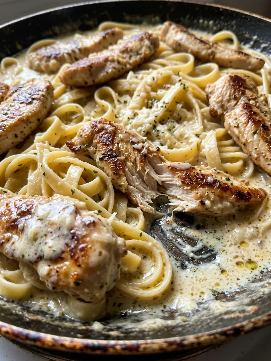 A serving of chicken alfredo with fettuccine noodles on a dark plate.